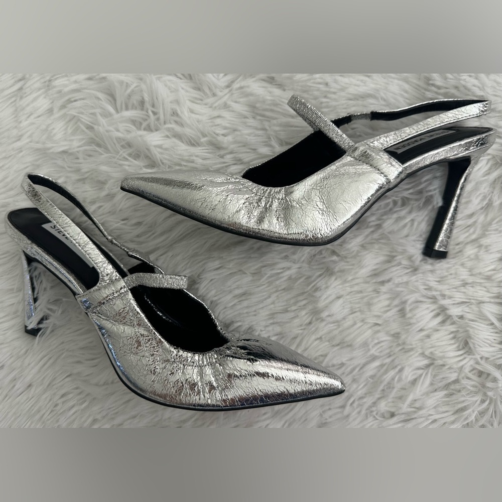 Steve Madden Silver Metallic Pointed-Toe Slingback Heels